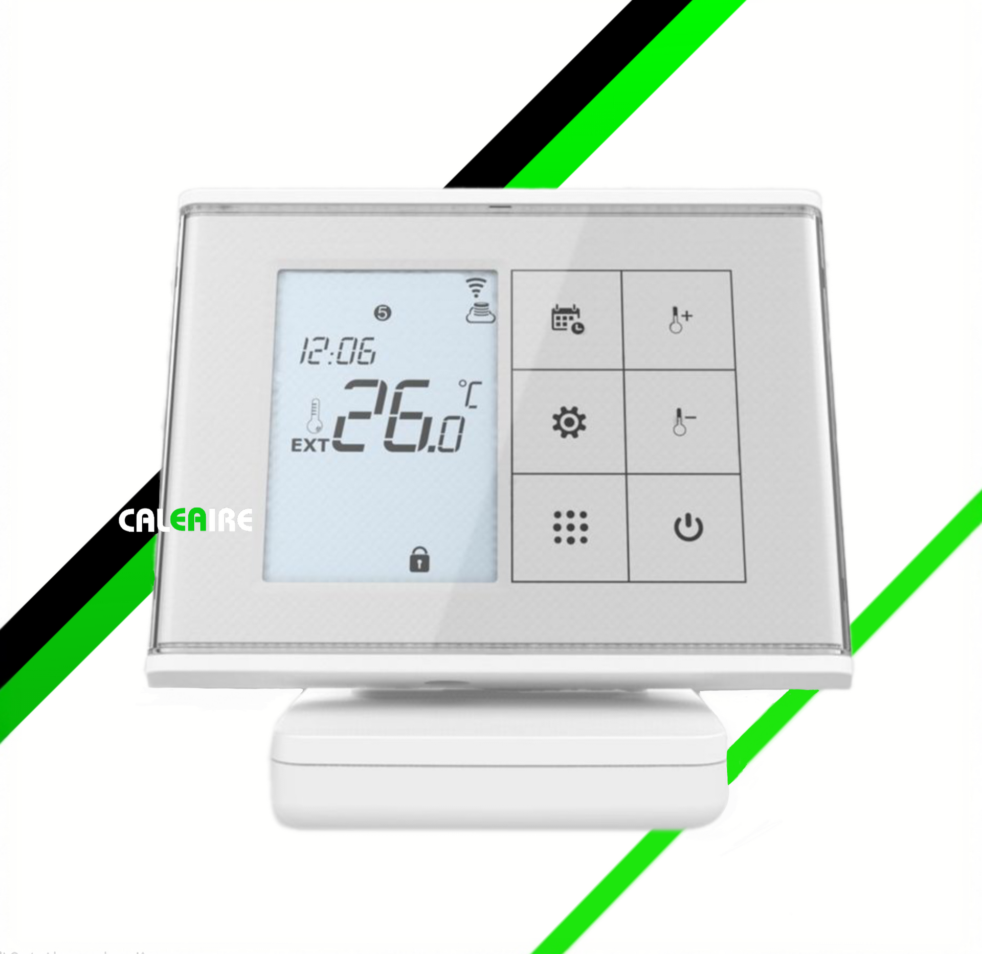 Termostato blanco con pantalla LCD, visualización de hora y temperatura, y botones de control.
