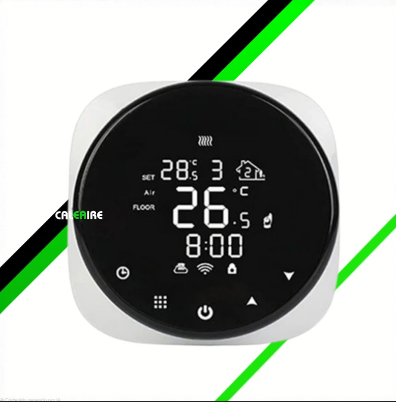 Termostato inteligente circular con pantalla negra que muestra la temperatura, la hora y la configuración.