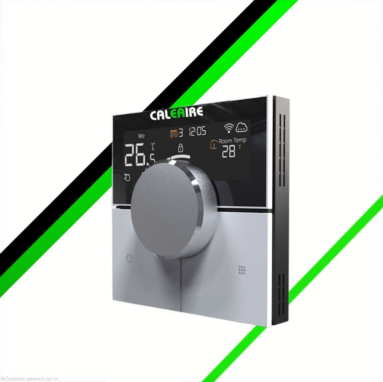 Termostato inteligente Caleaire con pantalla digital y dial plateado. El fondo presenta líneas diagonales negras y verdes.
