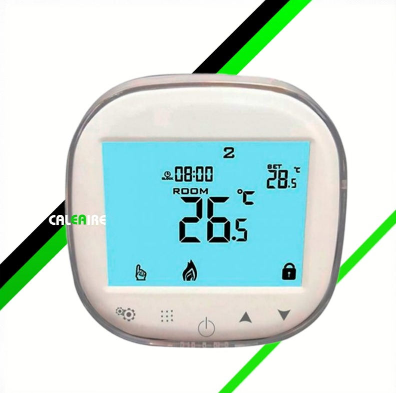 Termostato digital blanco que muestra la temperatura ambiente (26,5 °C), la temperatura configurada (28,5 °C)