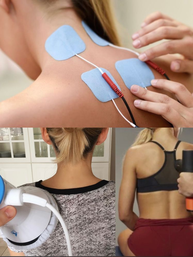 A woman is getting electrodes applied to her neck and shoulder
