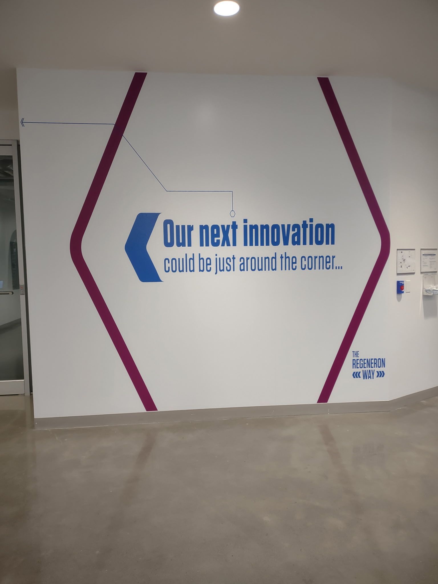 White wall mural with blue text and magenta diagonal stripes in a hallway