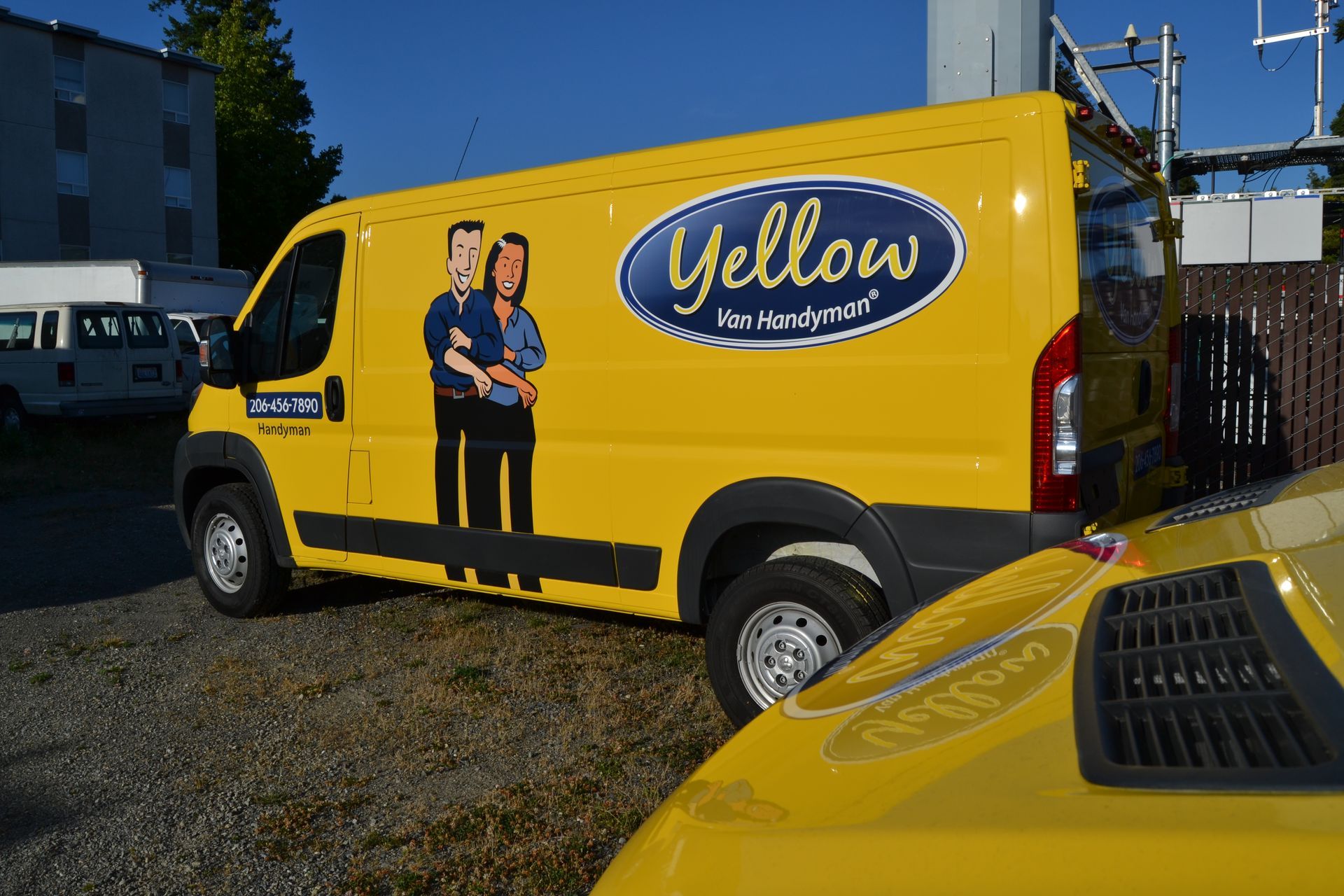 A bright yellow van with a 