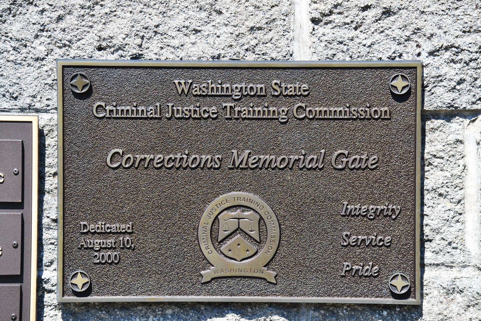 Bronze plaque for the Washington State Criminal Justice Training Commission Corrections Memorial Gate, dedicated in 2000.