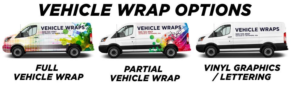 Three vans displaying vehicle wrap options: full wrap, partial wrap, and vinyl graphics/lettering.