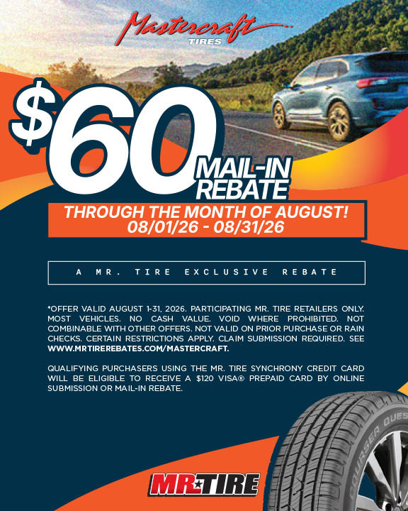 Matcraft ad for $60 mail-in rebate on tires, with car on road and tire graphic, August 1–31, 2026