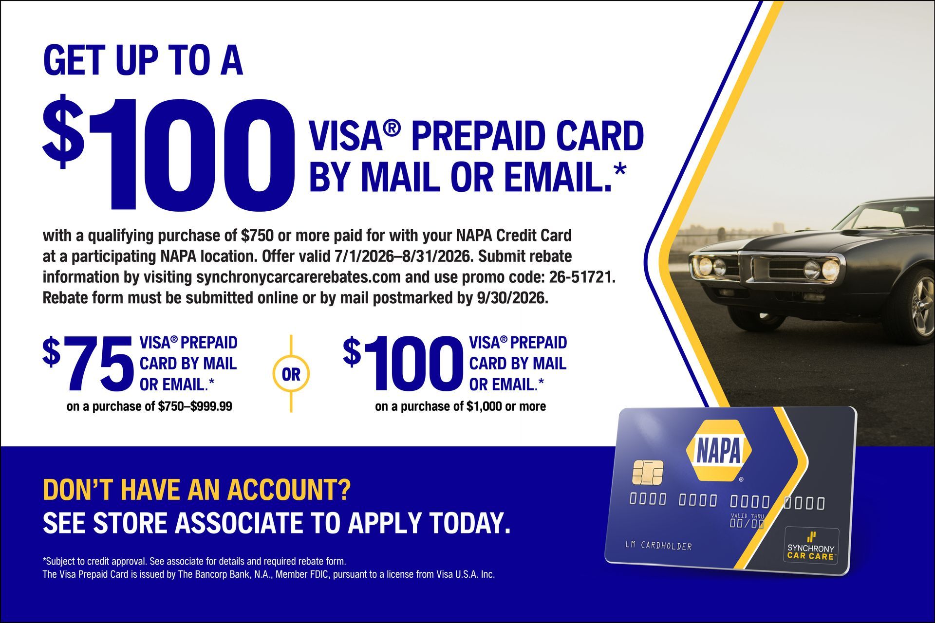 AAA promotion offering up to $100 Visa prepaid card by mail or email, with car and card shown on blue background