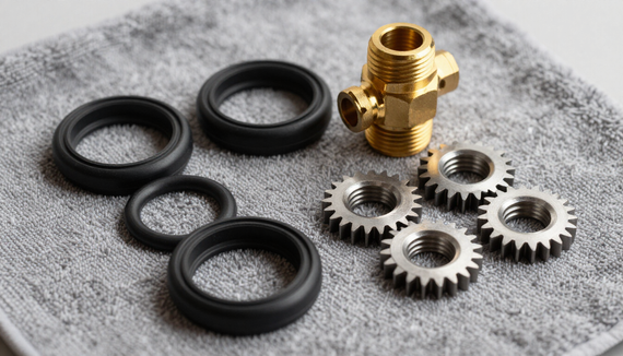 Black rubber O-rings, brass fitting, and silver gears on a gray cloth background
