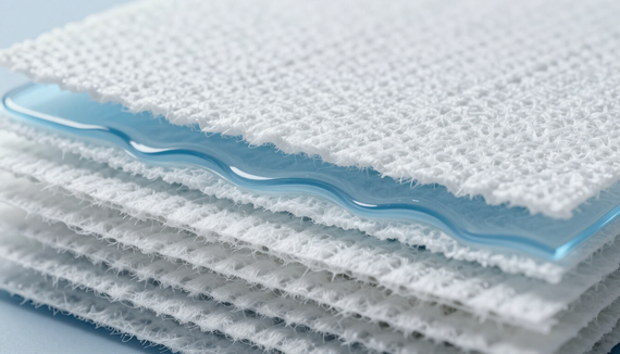Close-up of stacked white textured fabric layers with a translucent blue gel strip between them