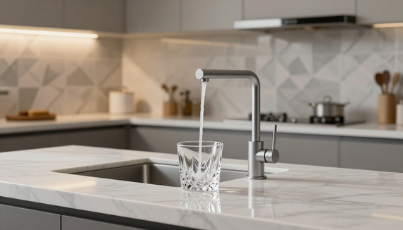 Modern kitchen counter with a chrome faucet and a glass of water on a white island countertop