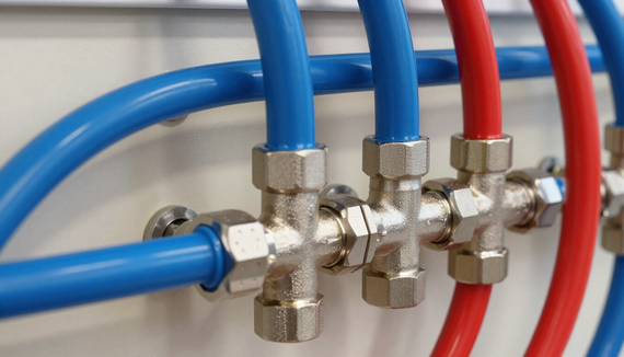 Blue and red flexible hoses connected to metal plumbing fittings on a white wall.