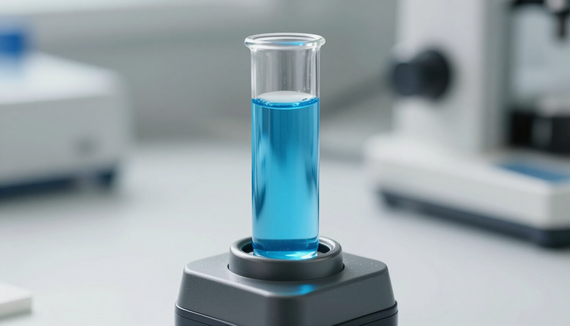 Blue liquid in a test tube on a lab stand in a blurred laboratory setting