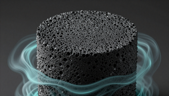 Black porous cylinder with wispy blue vapor swirling around it on a dark background