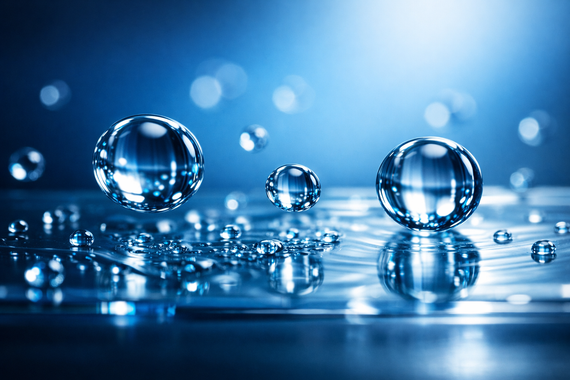 Blue glass spheres on a reflective surface with glowing water droplets and bokeh lights