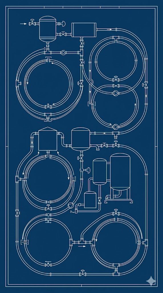 Blueprint-style plumbing diagram in white on a blue background, showing pipes, tanks, valves, and fittings