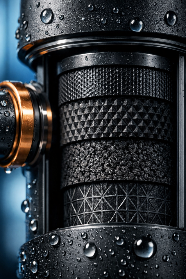 Close-up of a black textured flashlight or camera lens with copper accents and water droplets
