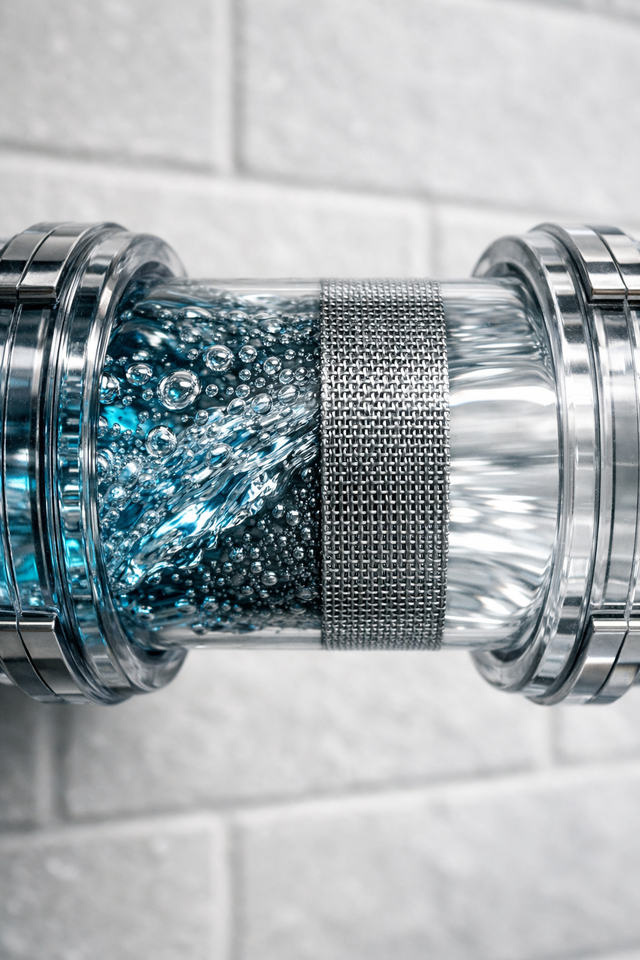 Close-up of a chrome pipe with blue water splashing through a mesh filter against a tiled wall