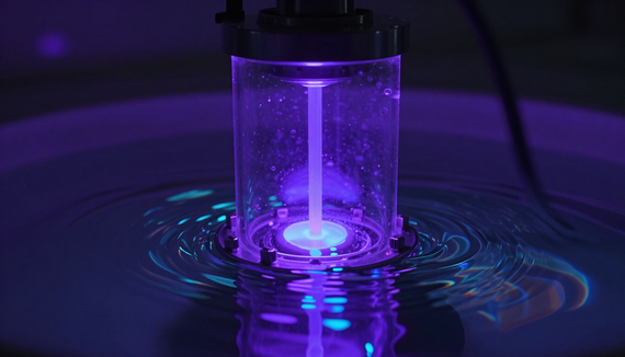 Purple-lit lab device emitting light into water with ripples and bubbles