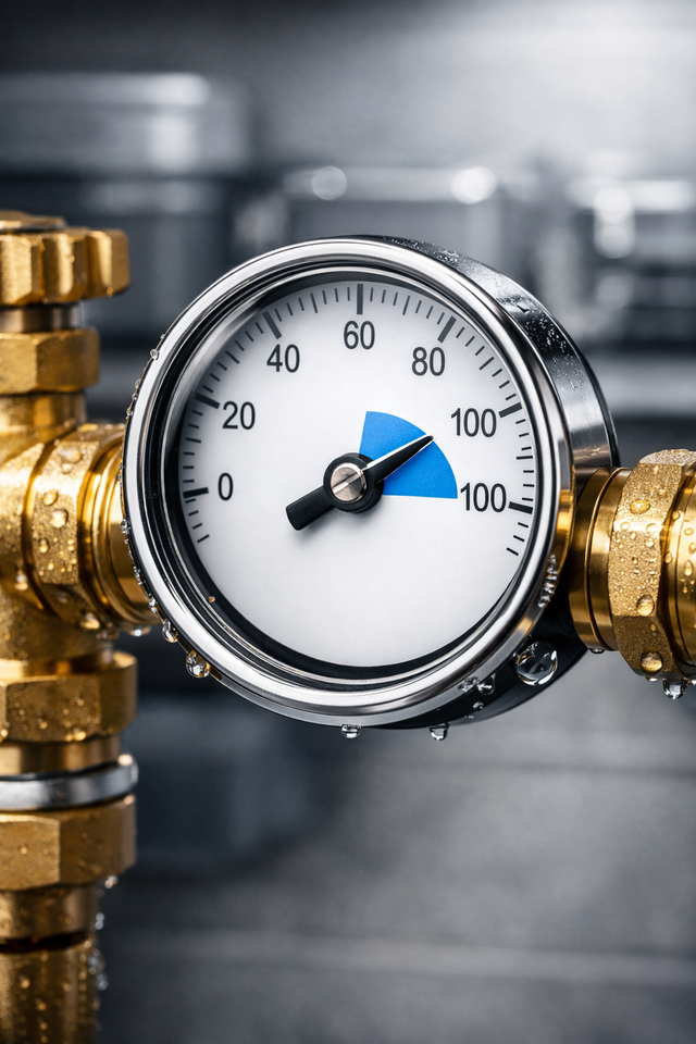 Close-up of a pressure gauge with blue needle on brass piping in an industrial setting