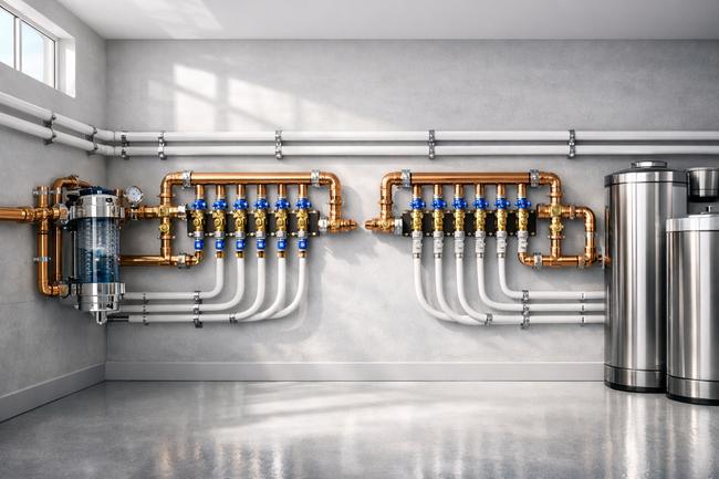 Industrial water filtration system with copper pipes, valves, and metal tanks in a clean room