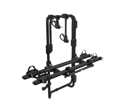 Black hitch-mounted bike rack with two wheel trays and upright support arms