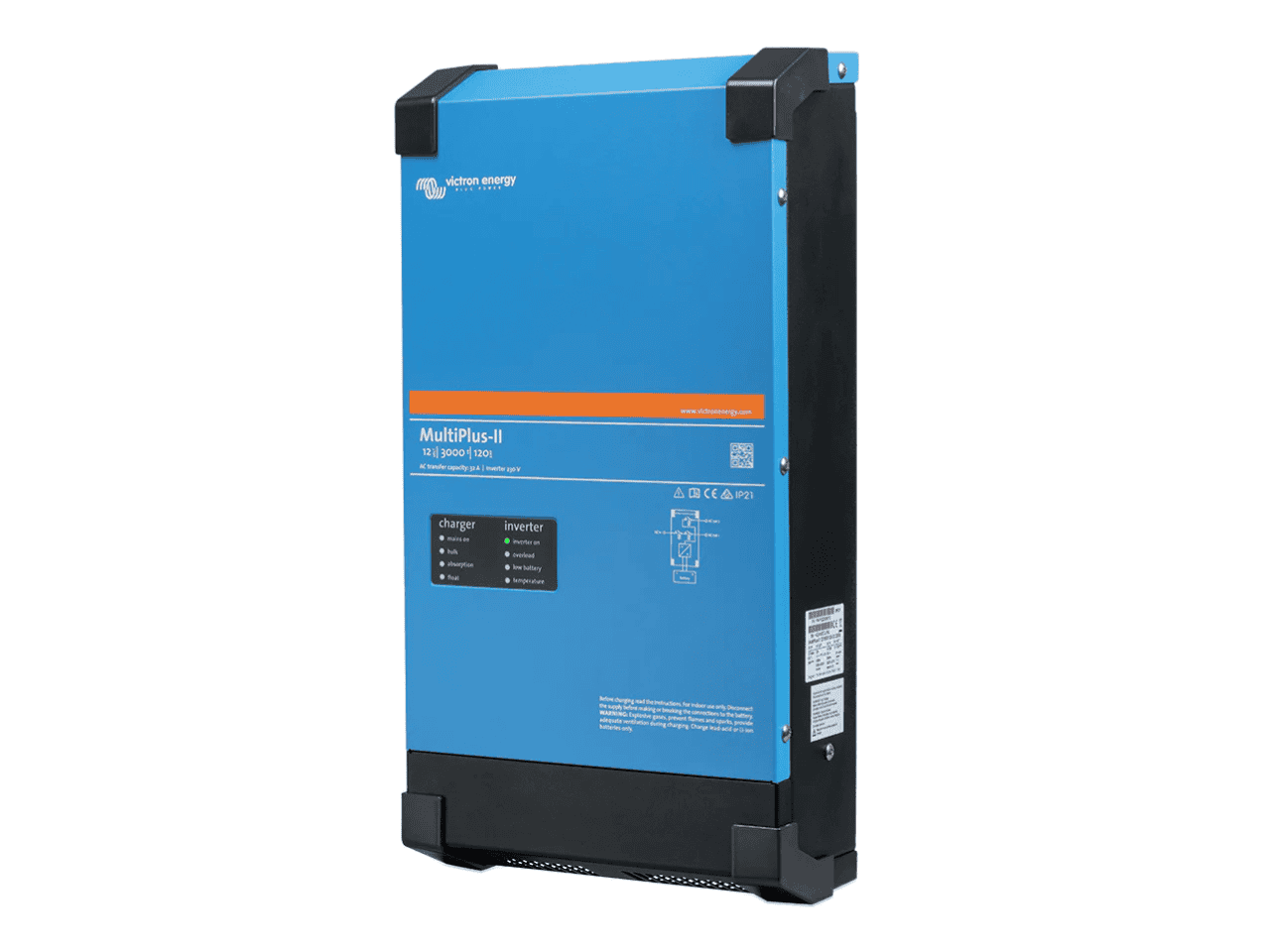 Blue Victron Energy battery unit with black corners and orange stripe, shown on a white background