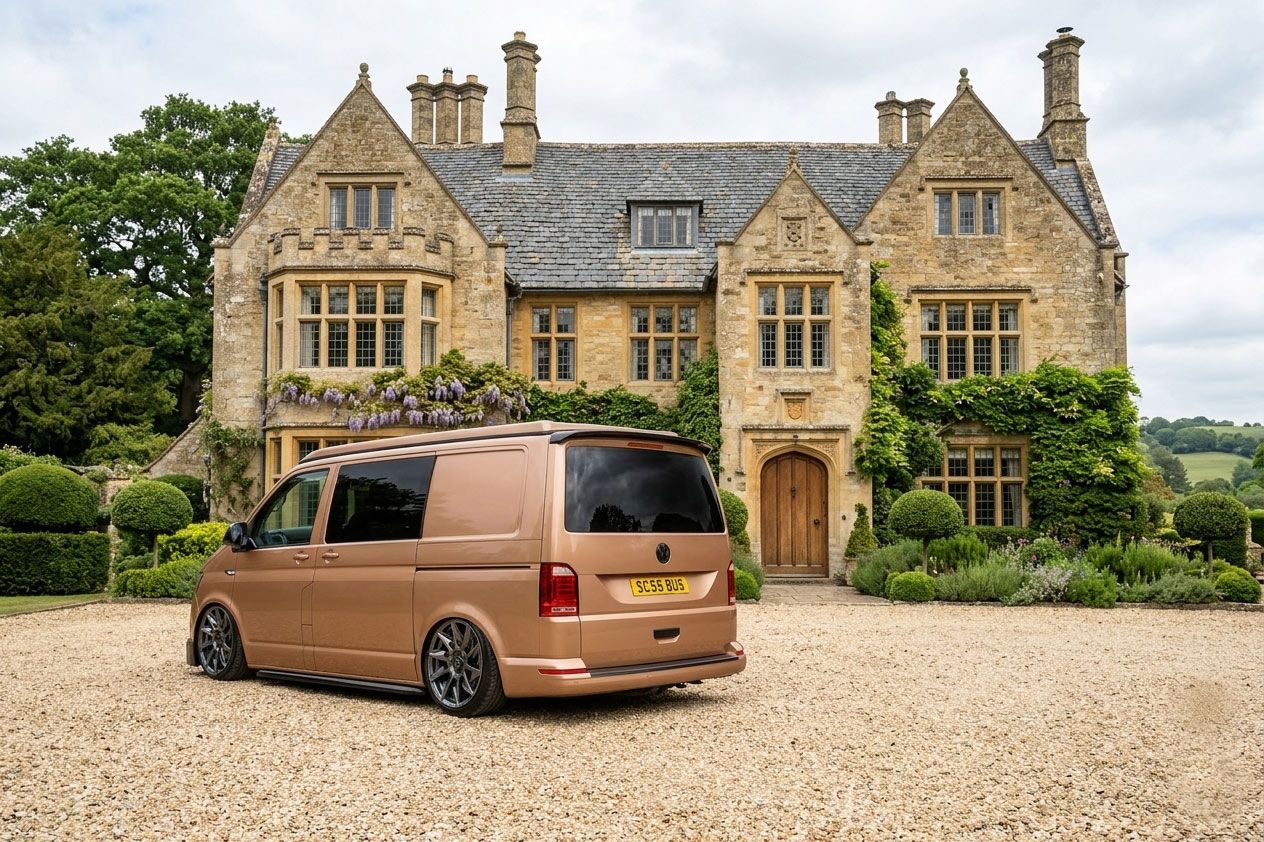 Brown van parked before a stone manor on a gravel drive