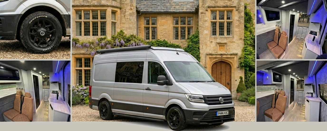 Silver van parked in front of a stone building, with small inset views of the van’s interior and exterior details