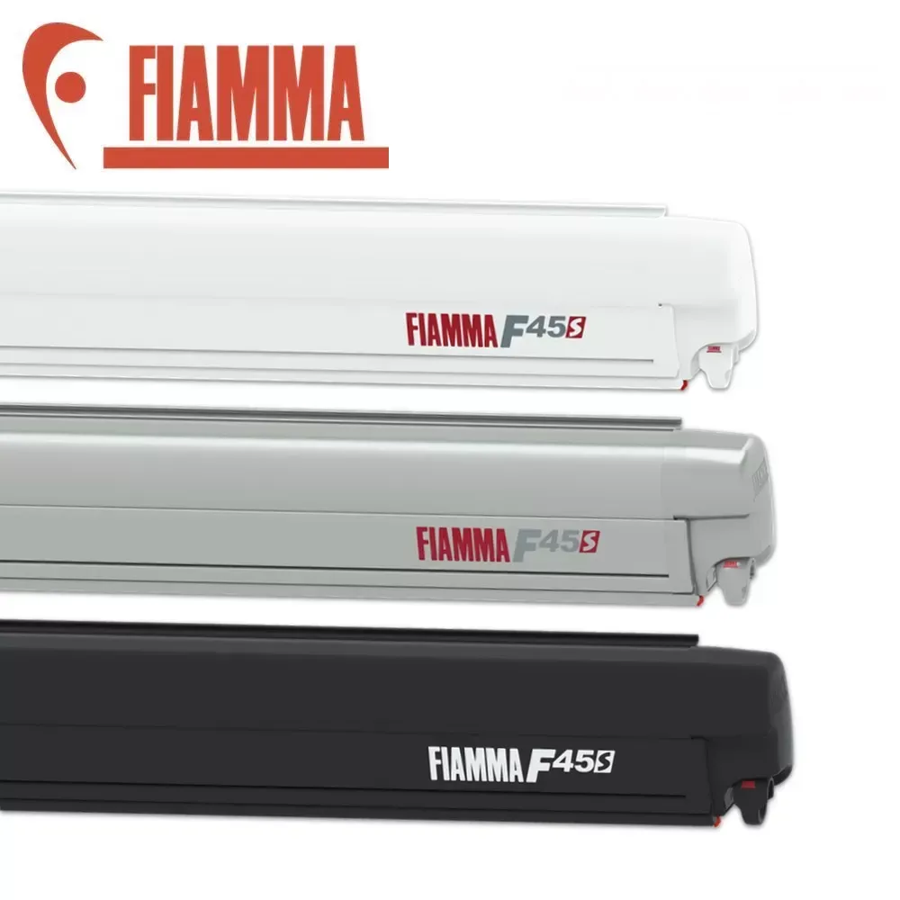 Three FIAMMA F45s awning cases in white, silver, and black with logo