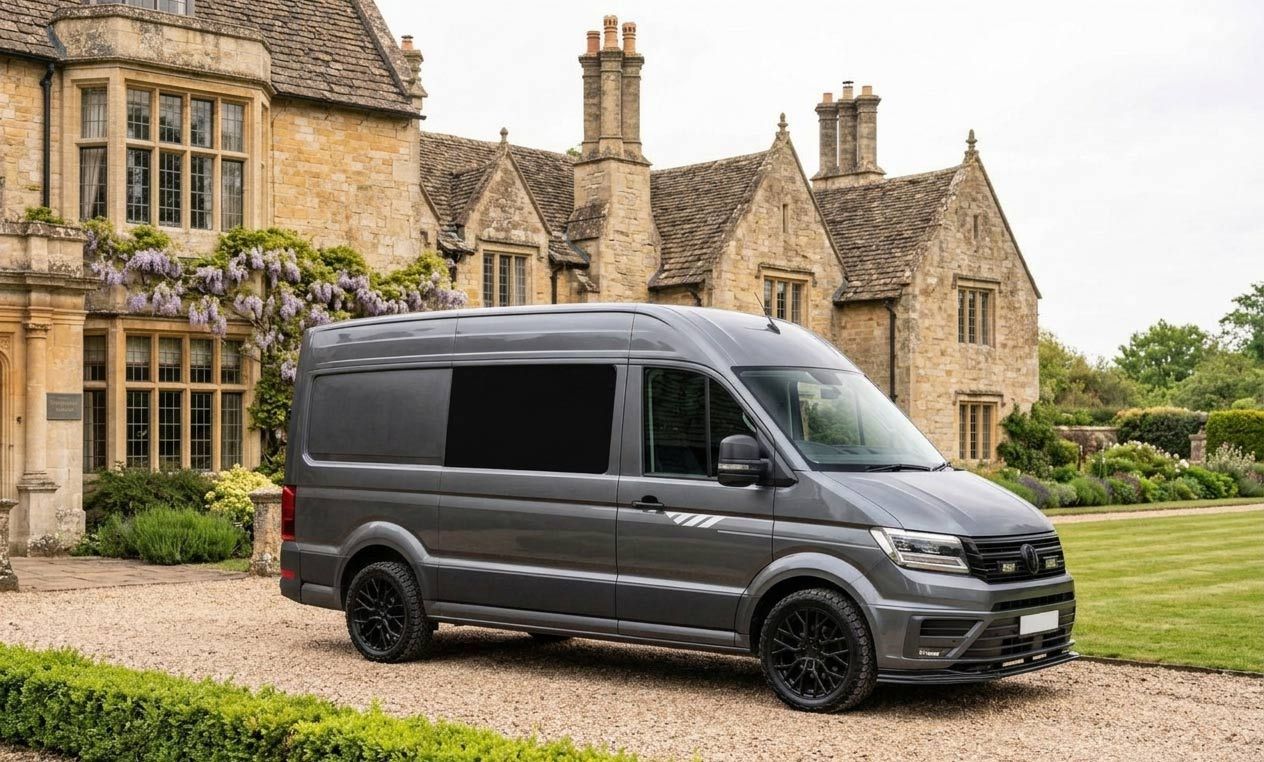 Dark gray cargo van parked in front of a stone manor house with a gravel driveway