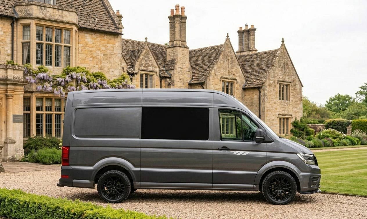 Gray delivery van parked in front of a historic stone house with a manicured lawn