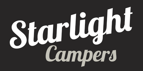 White “Starlight Campers” logo on a dark background