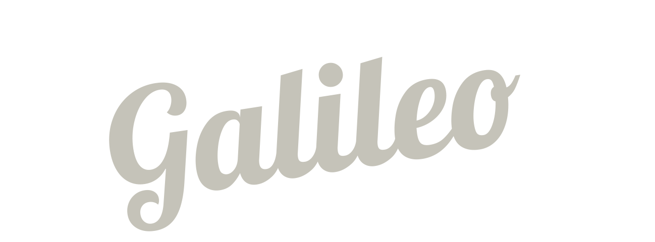 Light gray cursive word “Galileo” on a white background
