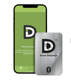 Mobile app and silver device for driver detection, showing a large D logo on green and gray screens