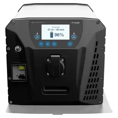Portable black generator with digital display showing 96% battery, front view