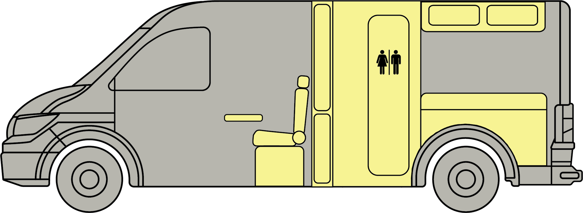 Gray and yellow van with side door and roof rack, shown in side view.