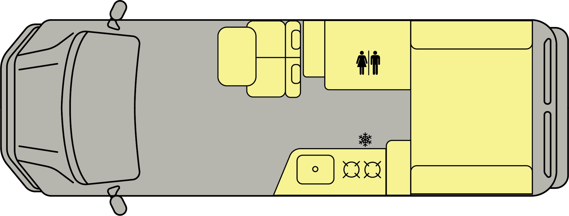 Top-down view of a gray and yellow industrial machine with labels and control panels