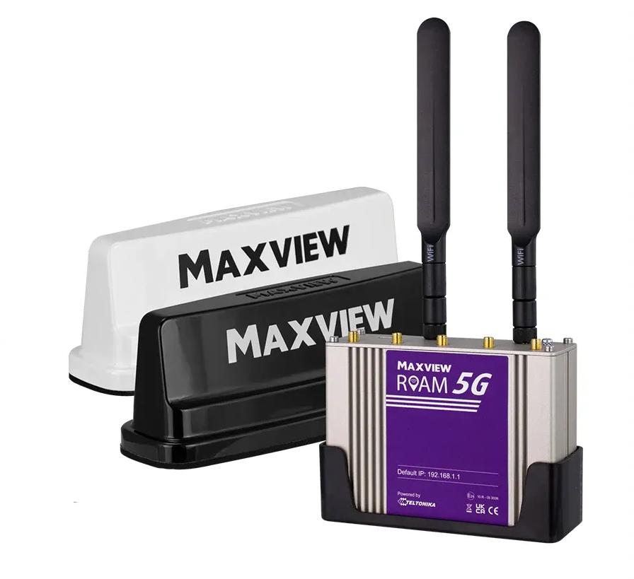MAXVIEW 5G router with dual antennas beside a black-and-white MAXVIEW modem case