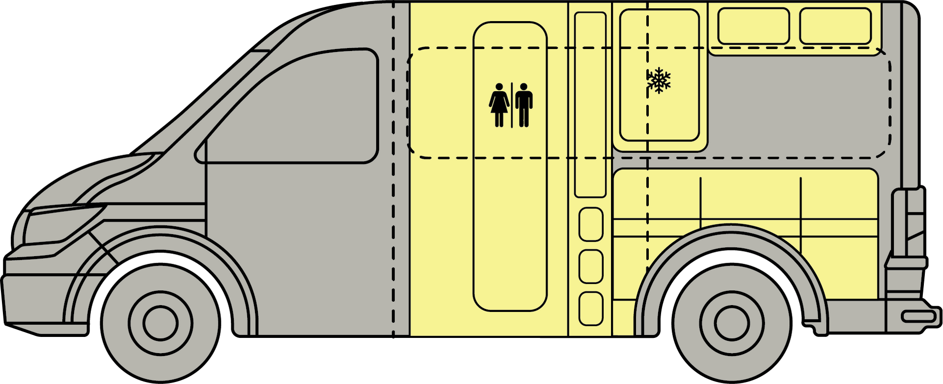 Side view of a yellow and gray delivery van with cargo doors and rear wheel visible