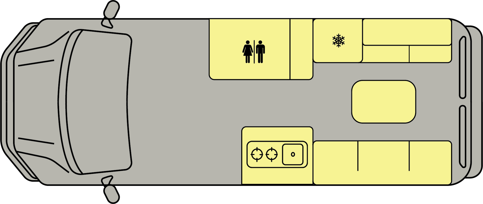 Top-down diagram of a beige vehicle with yellow marked sections and icons on the roof and sides