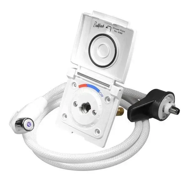 White handheld bidet sprayer with hose, control dial, and black mounting nozzle on a white background
