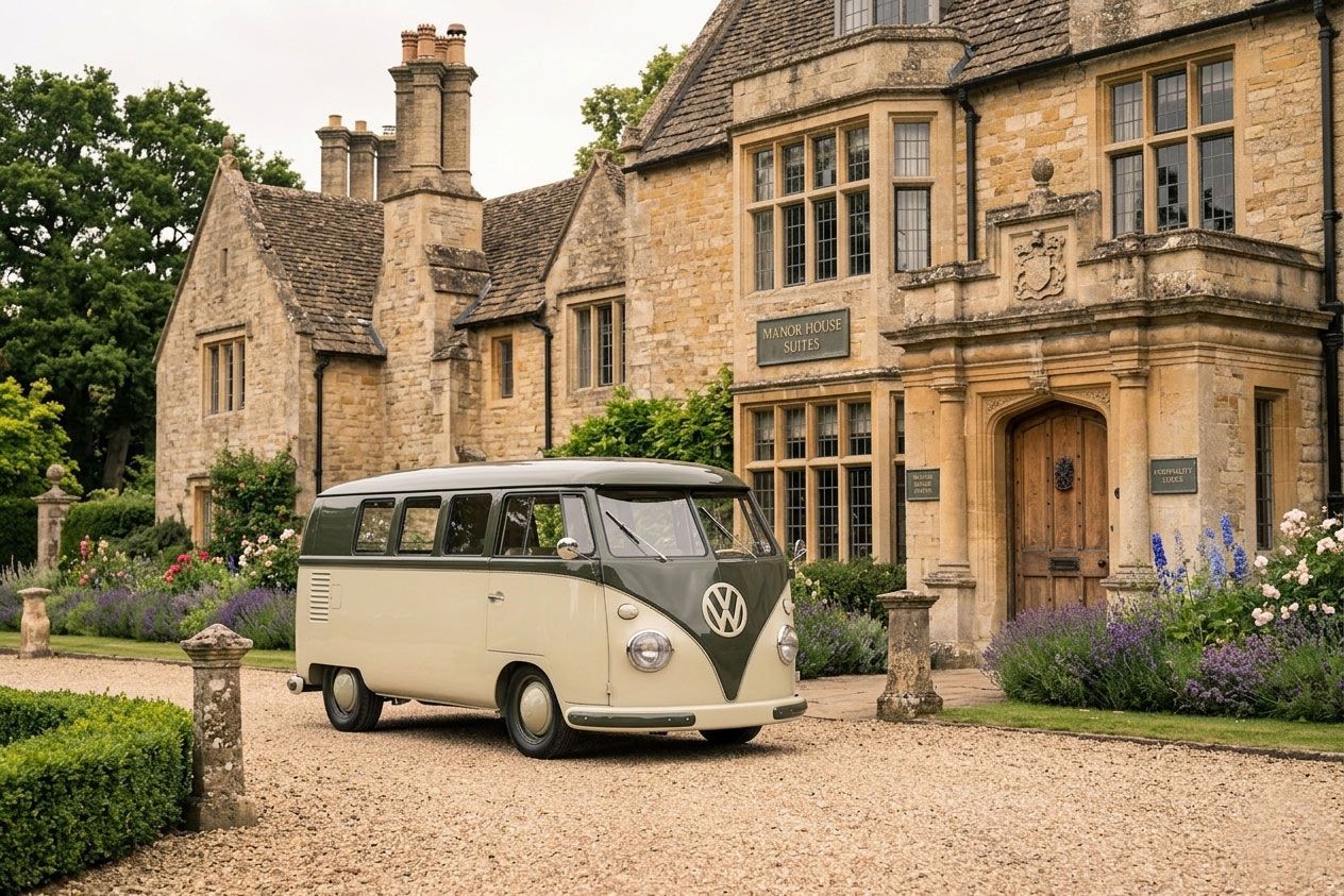 Vintage cream VW van parked outside a stone manor with manicured gardens.