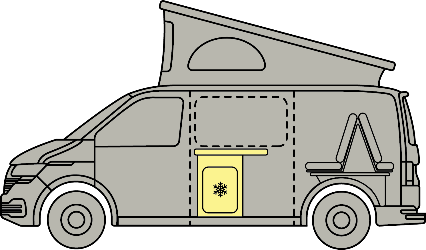 Gray camper van with a pop-up roof and a yellow side door marked with a small emblem.