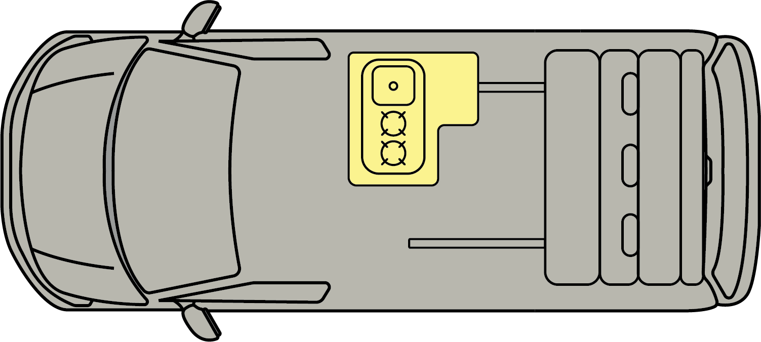 Top-down view of a gray car with a yellow battery pack on the roof