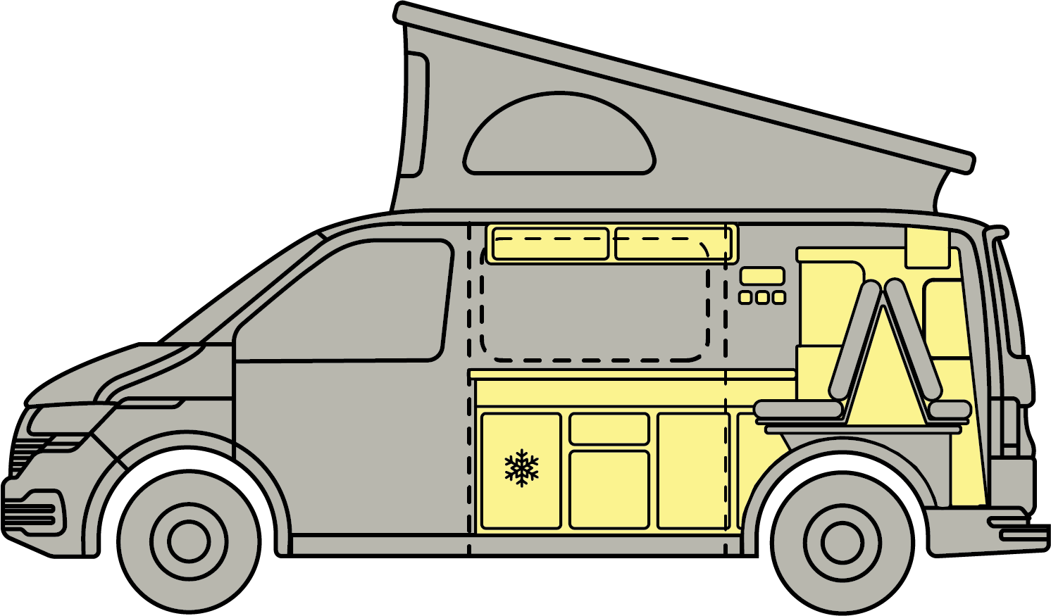 Gray camper van with pop-up roof and yellow storage compartments, side view.