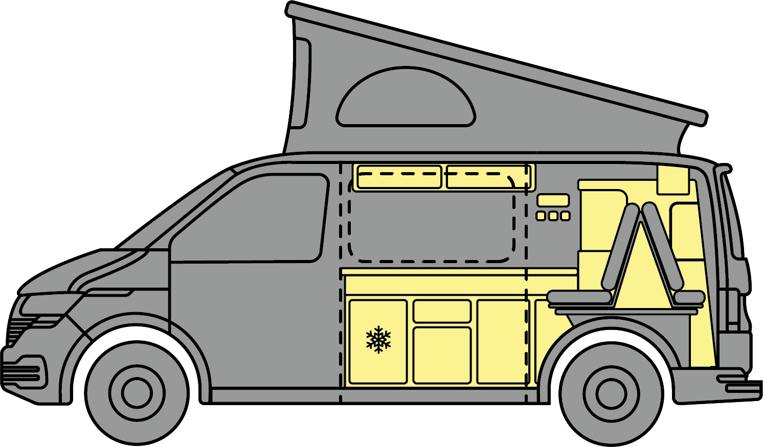 Gray camper van with pop-up roof and yellow interior storage compartments, side view.