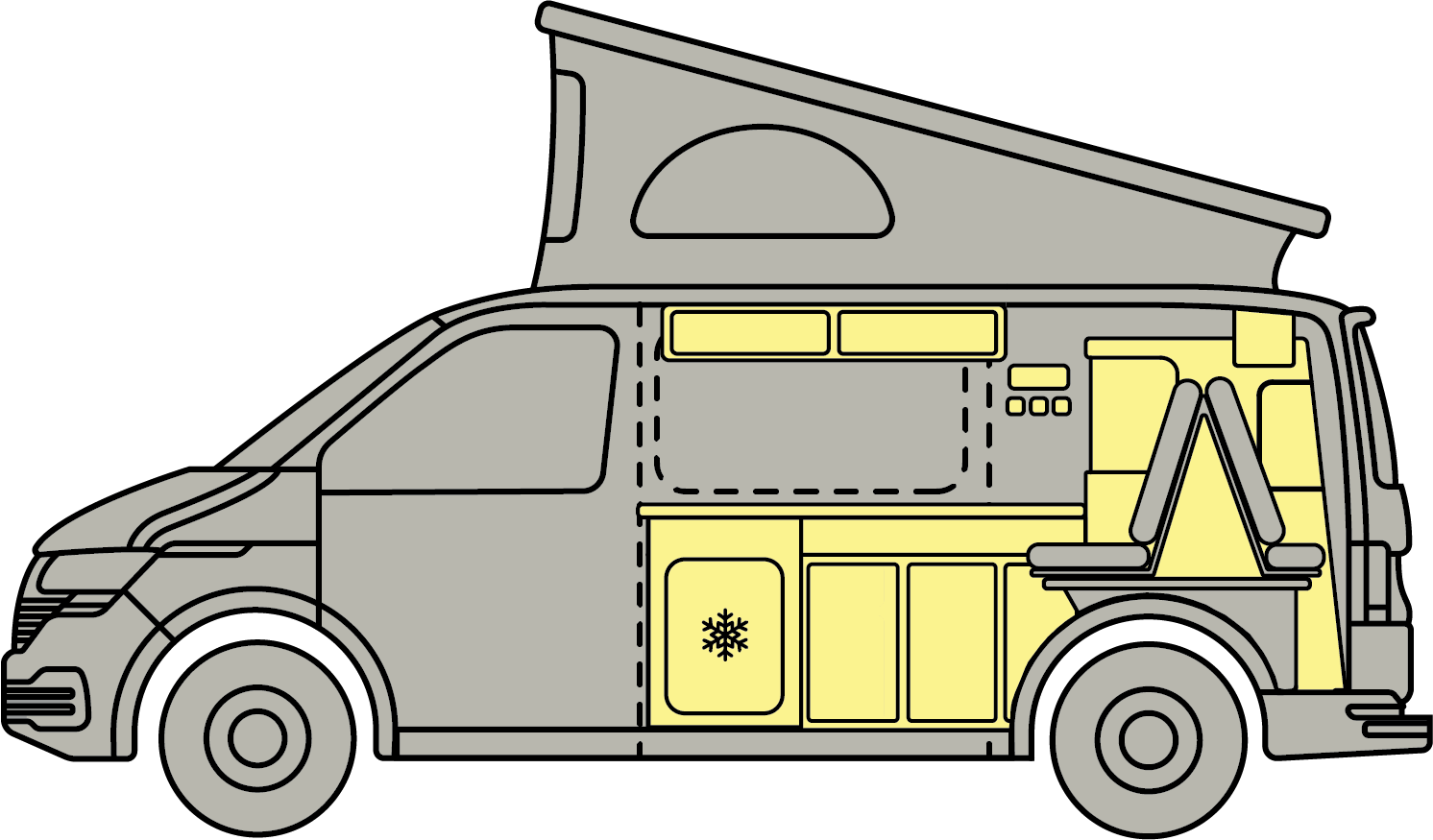 Illustration of a gray-and-yellow camper van with a pop-up roof and folded awning, side view.