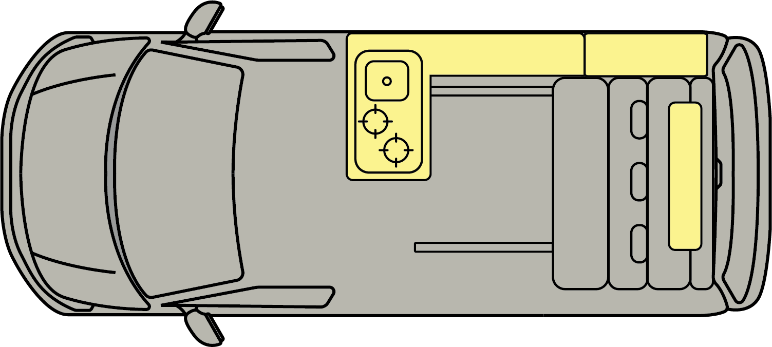 Top-down view of a gray car with a yellow device and cargo loaded on the right side