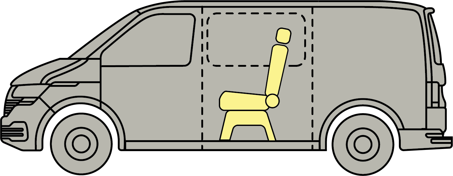 Yellow crash test dummy seated in gray cargo van, side view schematic