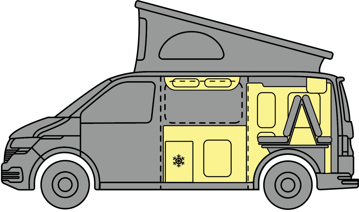 Gray and yellow camper van with pop-up roof and rooftop tent, side view